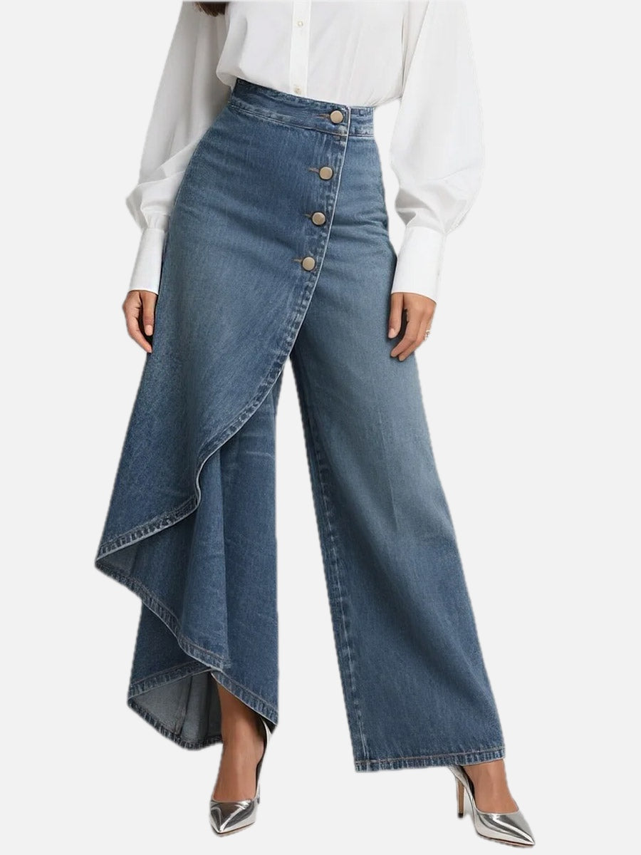 Women's High-Waist Wide-Leg Jeans with Asymmetric Skort Overlay - Blue