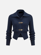 Women's Cropped Jumper Ribbed with Collar and Buckle Detail