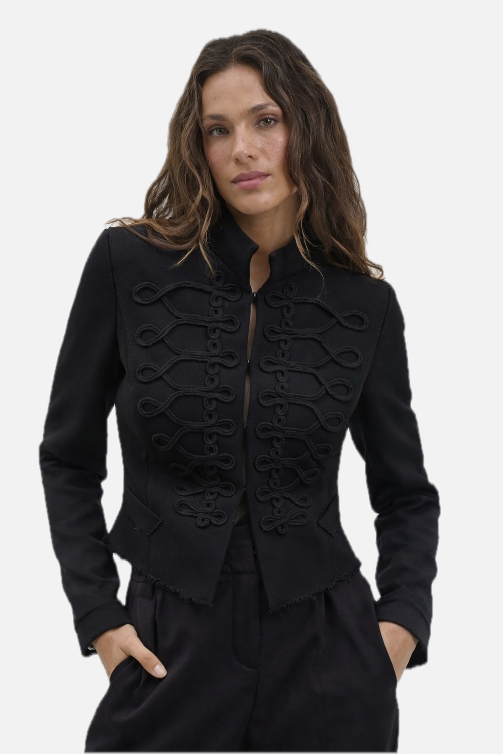 Women's Embroidered Structured Jacket with Button Front - 2