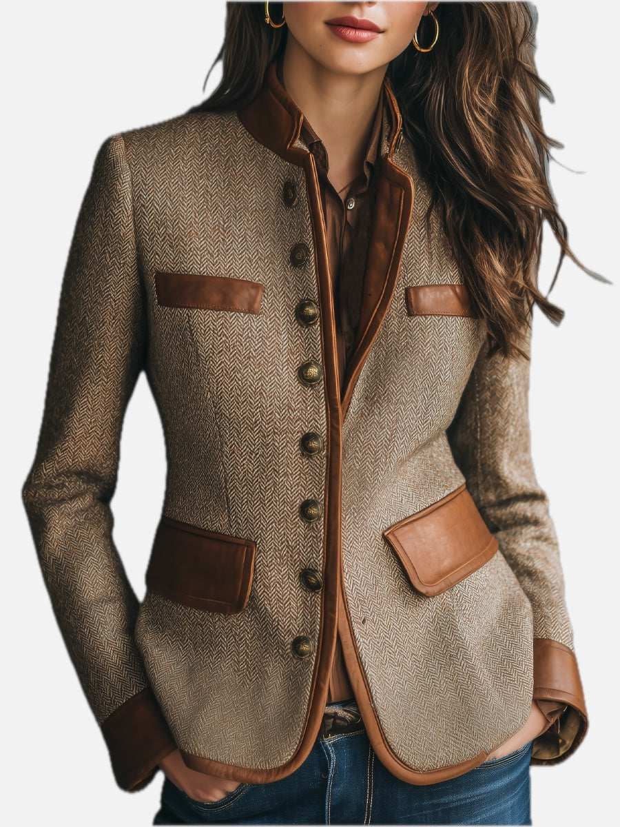 Women's Vintage-Style Jacket with Faux-Leather Trim Pockets and Boxy Silhouette - Brown