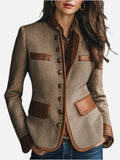 Women's Vintage-Style Jacket with Faux-Leather Trim Pockets and Boxy Silhouette - Brown