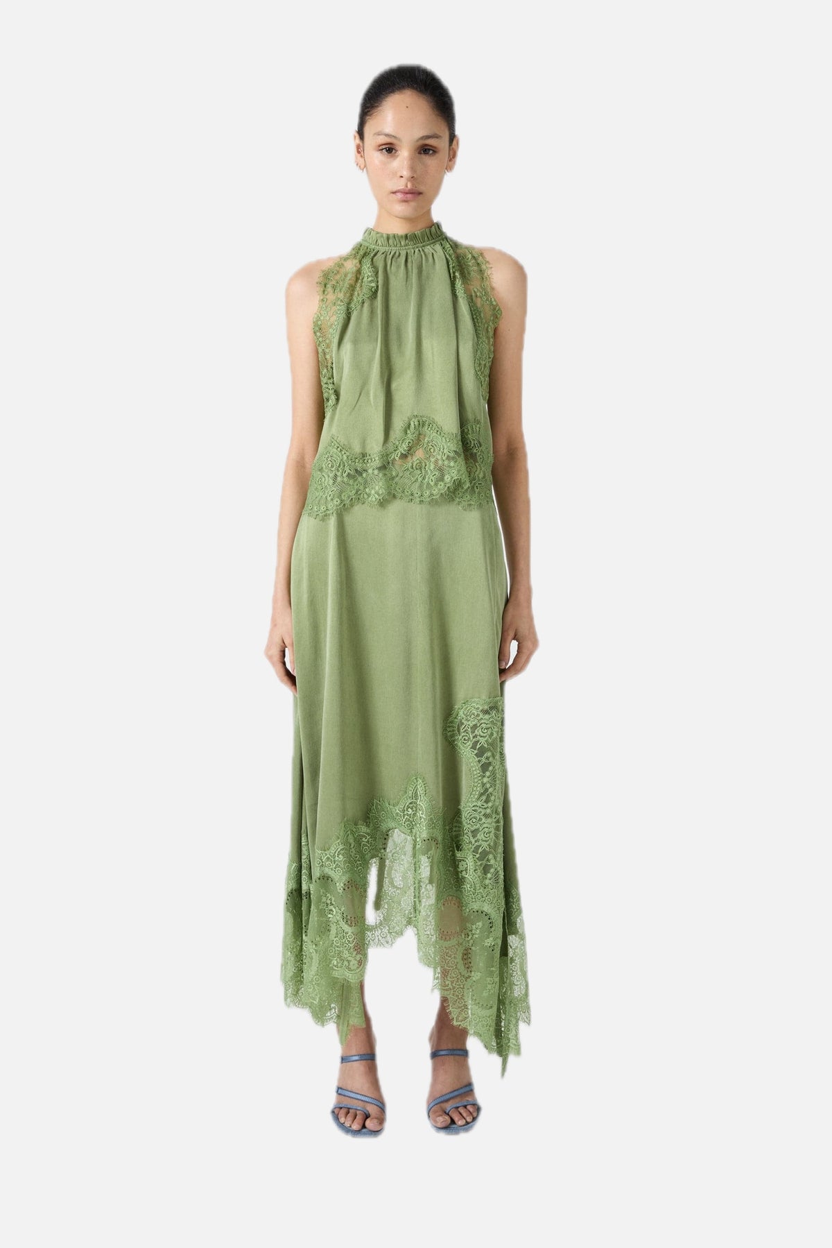 Women's Satin Lace-Trim Top and A-Line Slit Skirt Set