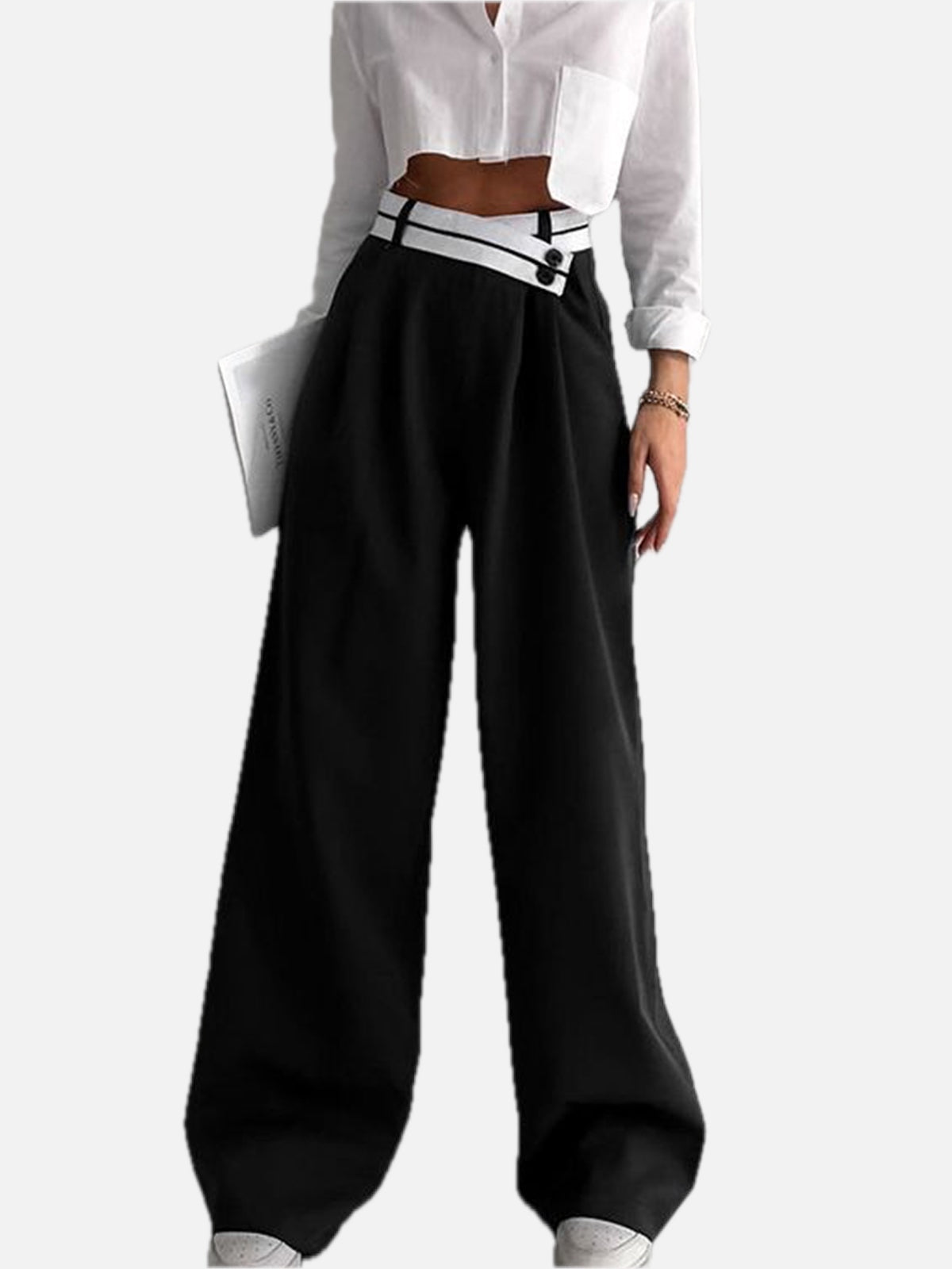 Women's Wide-Leg Trousers with Asymmetric Contrast Waistband - 1