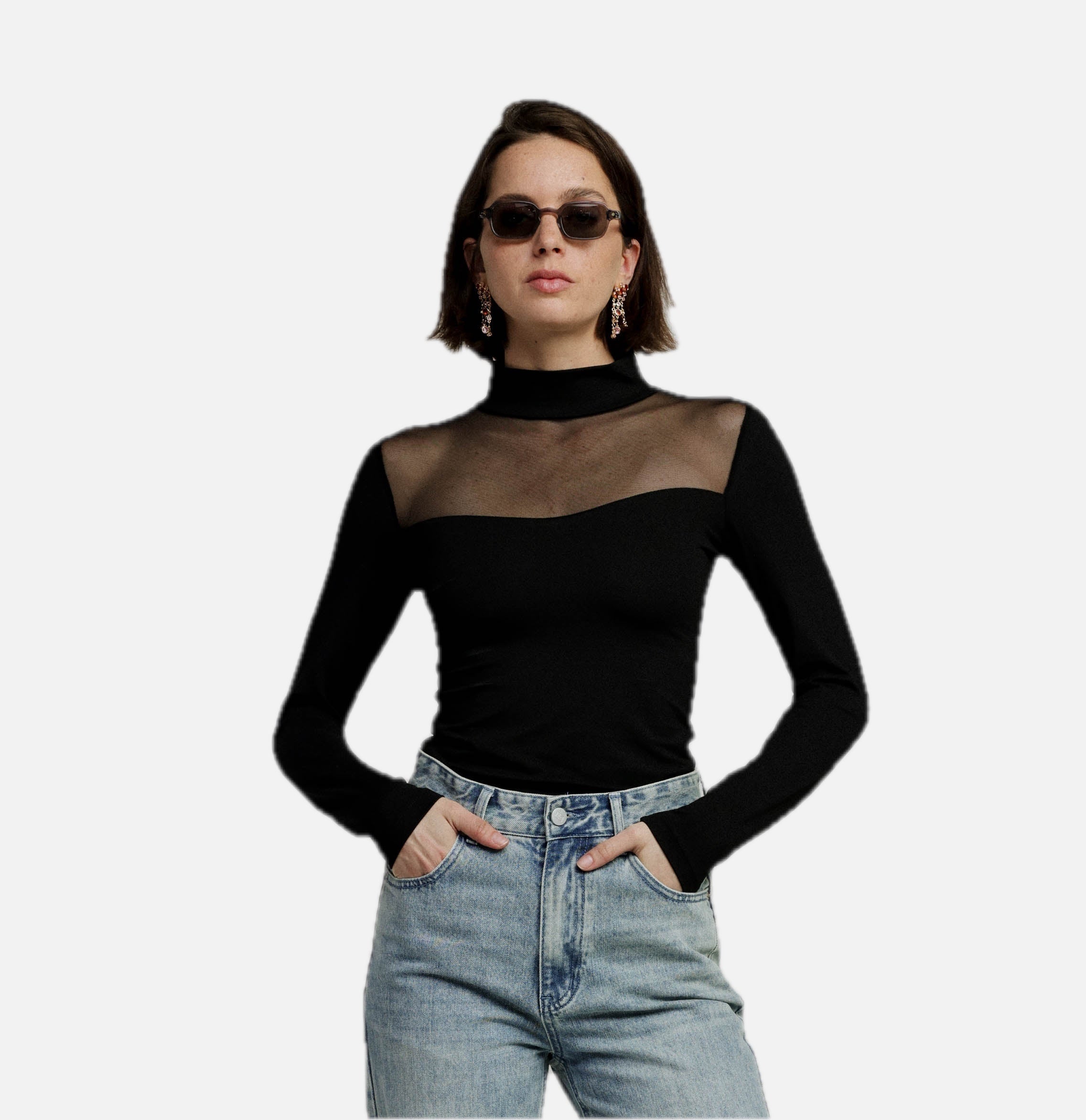 Women's Mesh Panel High-Neck Top Long Sleeve Slim Fit