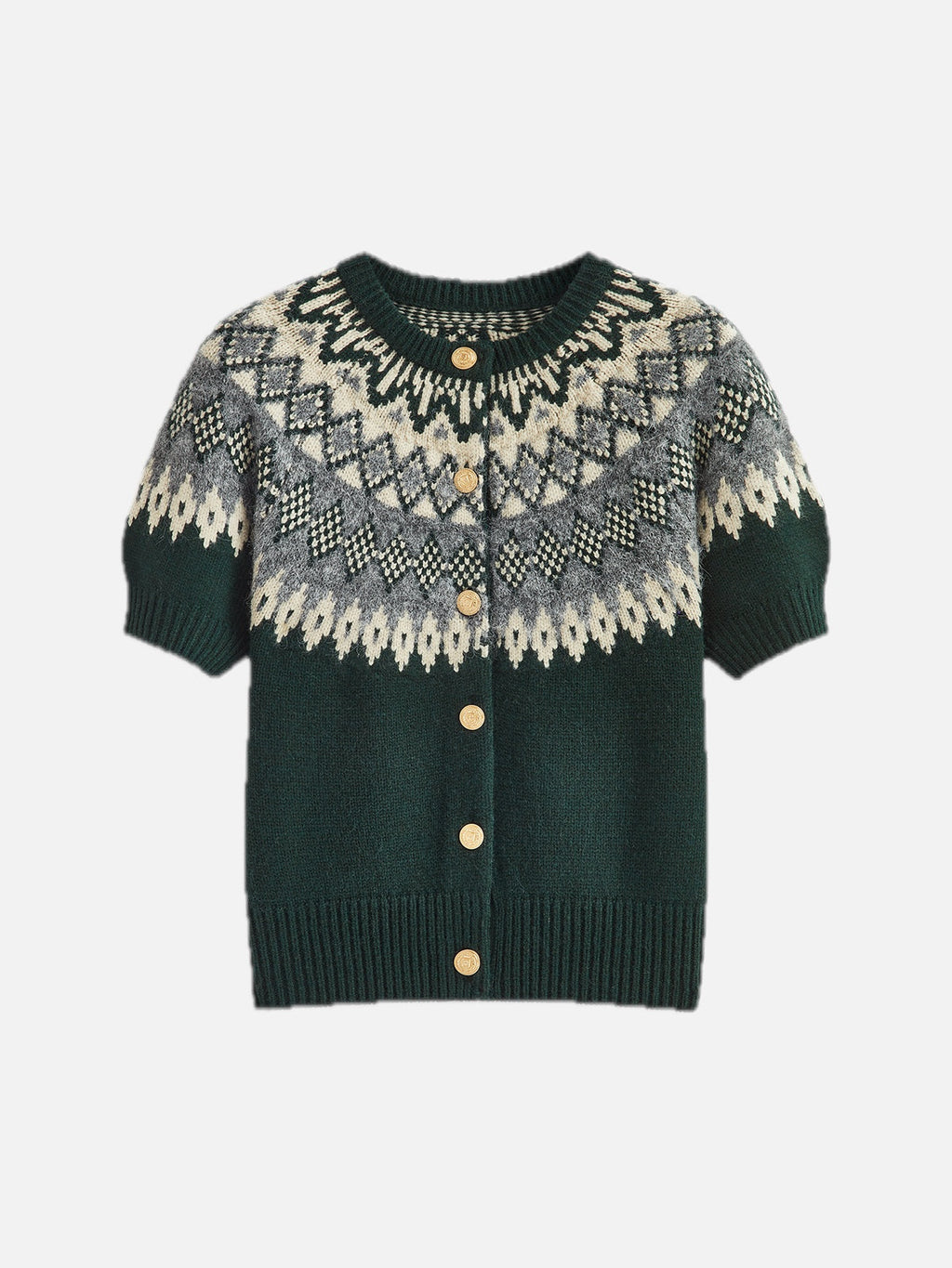 Women's Short-Sleeve Cardigan with Fair Isle Yoke and Button Front