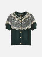 Women's Short-Sleeve Cardigan with Fair Isle Yoke and Button Front