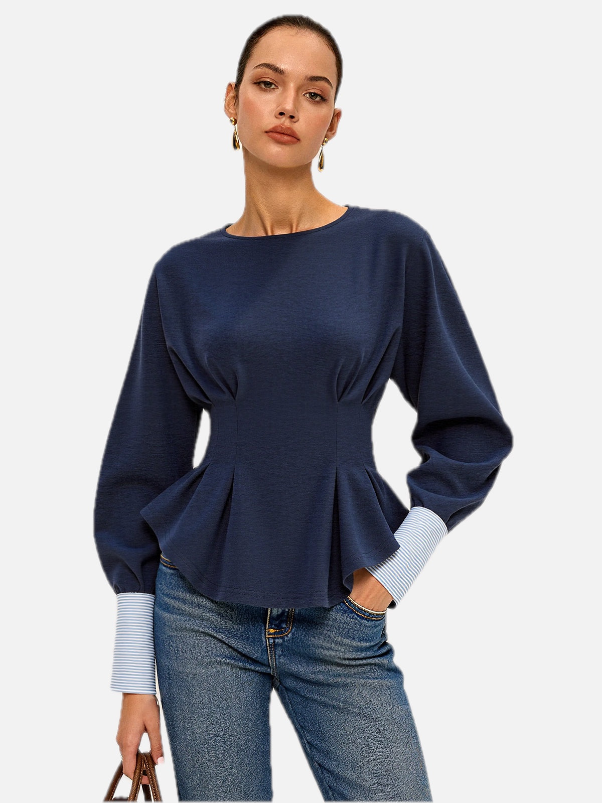 Women's Sweatshirt with Balloon Sleeves and Peplum Hem - 1