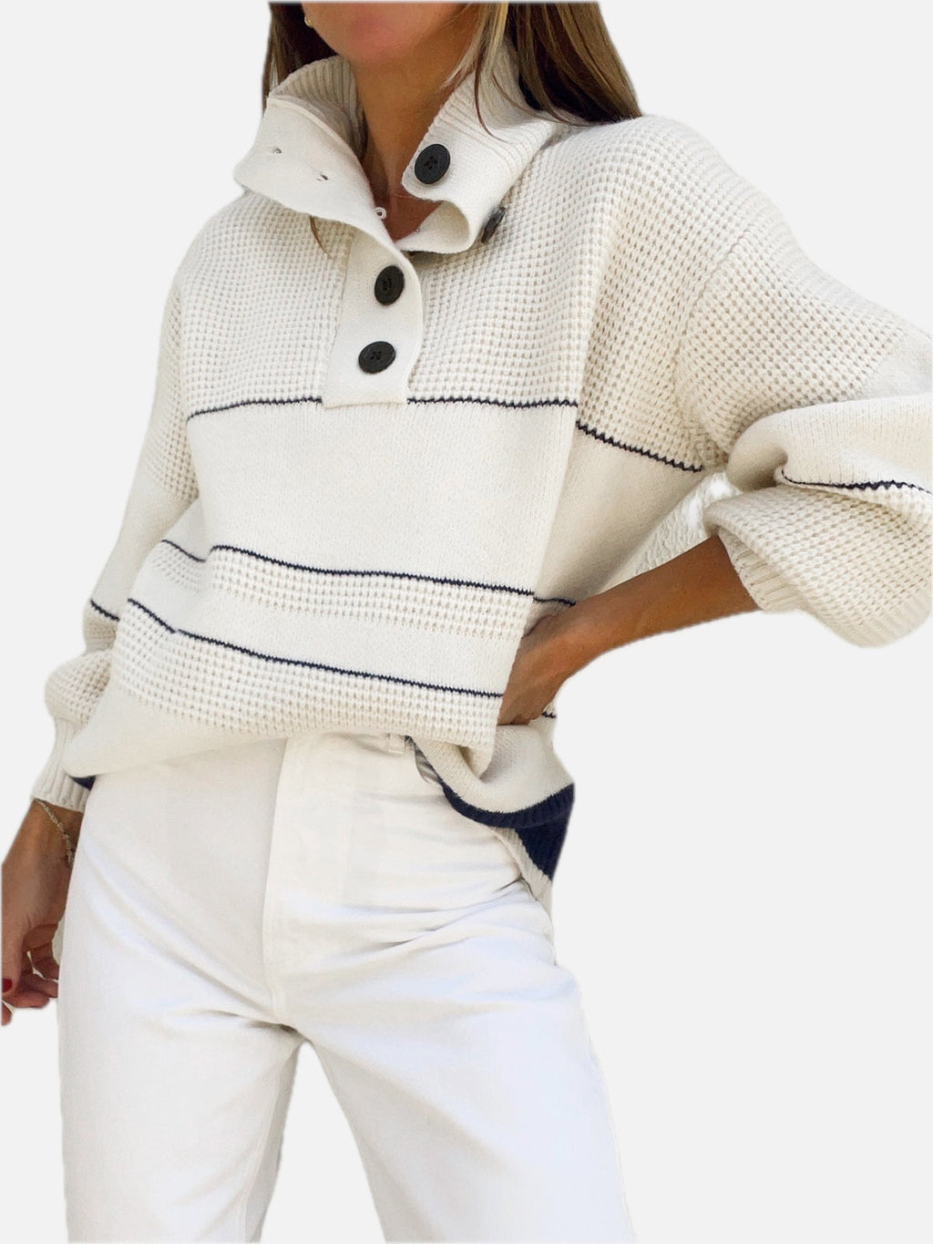 Women's Knit Jumper with Open Collar and Button Placket