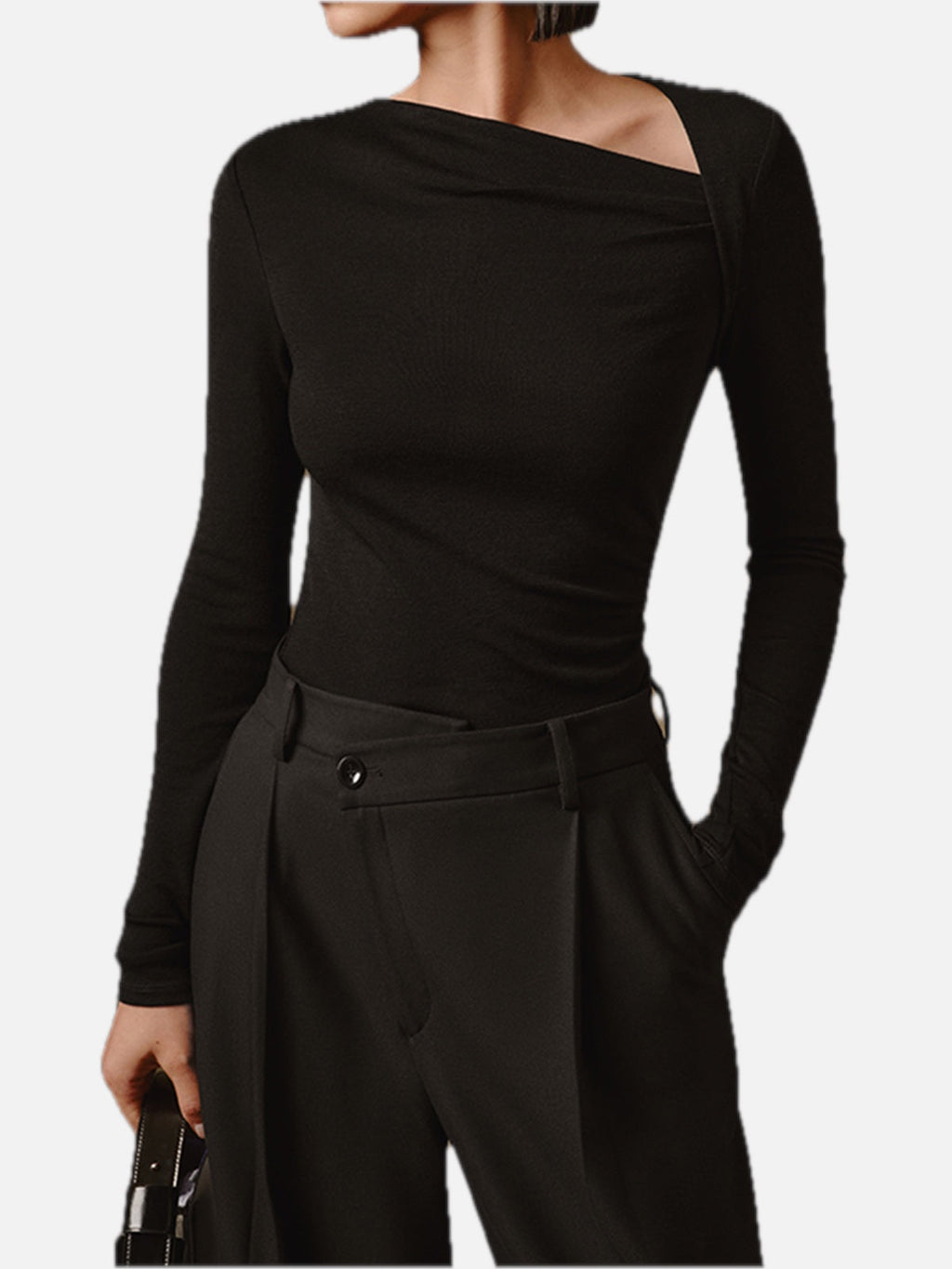 Women's Ribbed Top Asymmetric Neckline Long Sleeve Slim Fit - 2