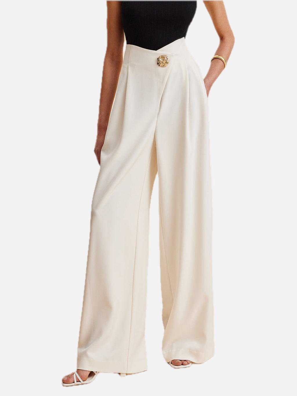 Women's Wide-Leg Trousers with Embellished High Waist