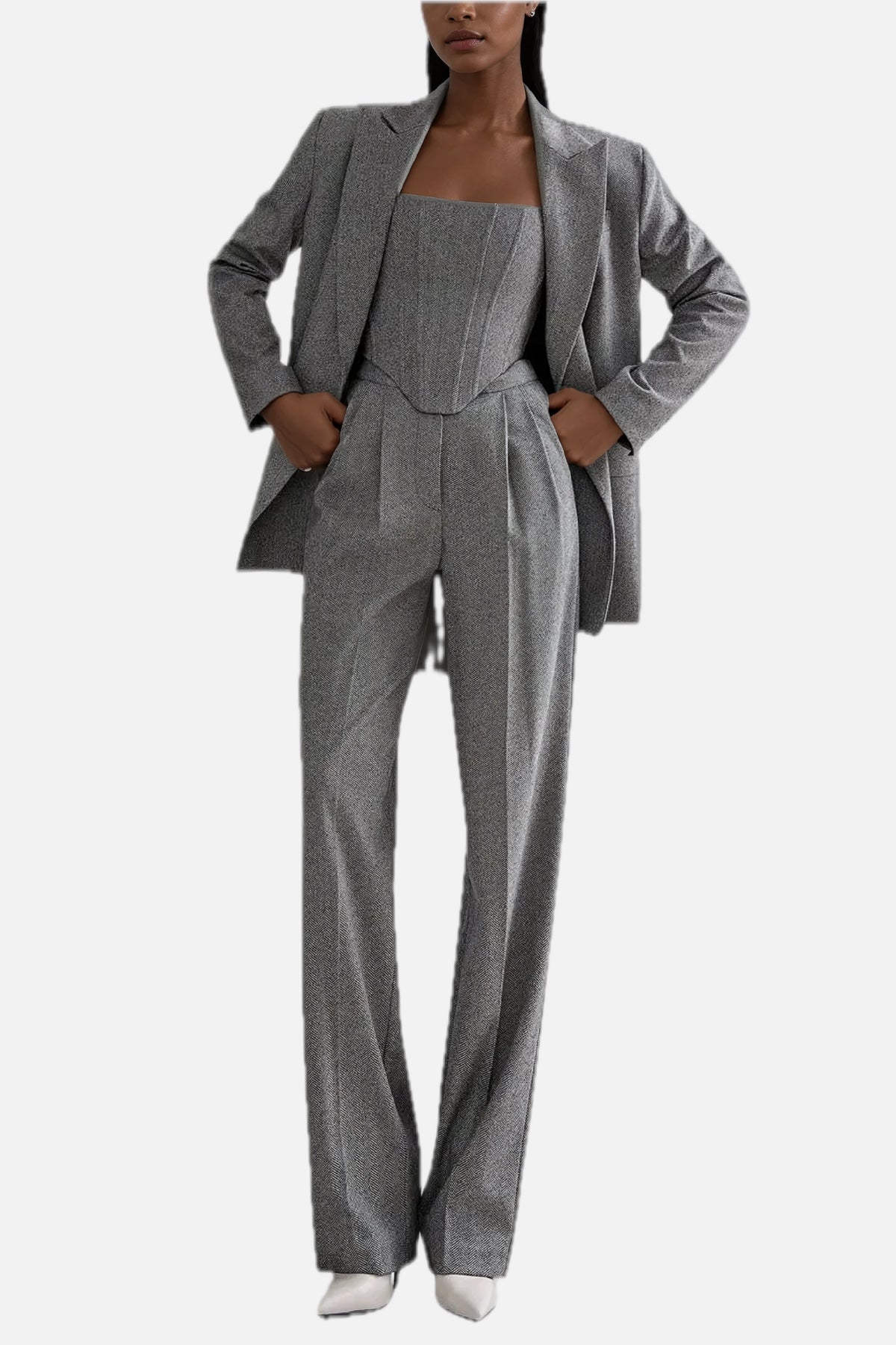 Women's Three-Piece Trouser Suit with Strapless Lapel Top