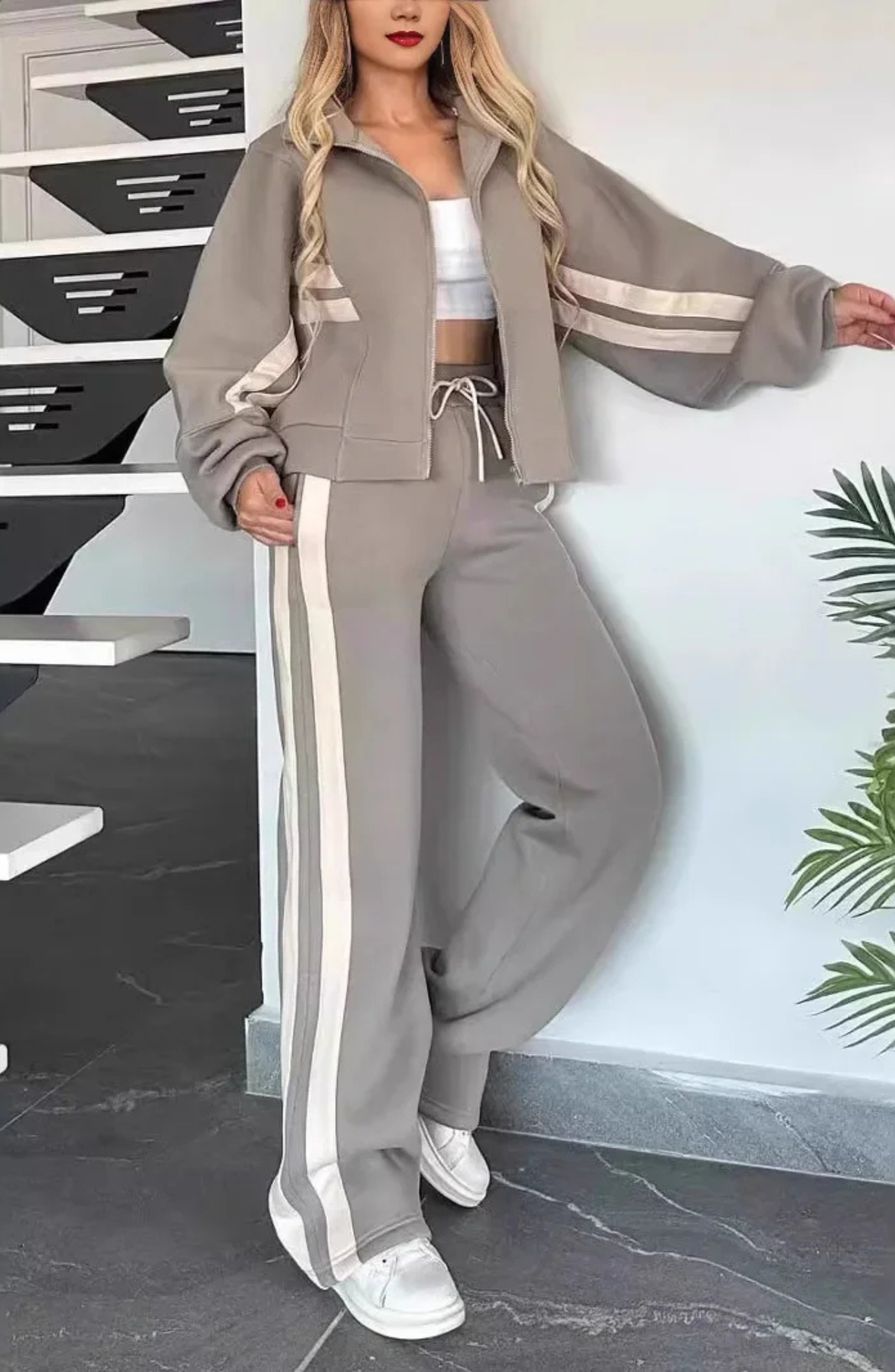 Women's Striped Co-Ord Set with Zip Jacket and Wide-Leg Trousers - 11