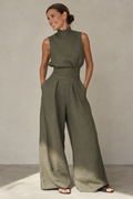 Women's Sleeveless Wide Leg Jumpsuit with High Neck and Wrap Belt - Green