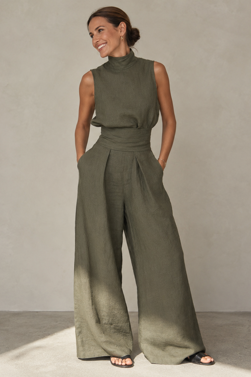 Women's Sleeveless Wide Leg Jumpsuit with High Neck and Wrap Belt - Green
