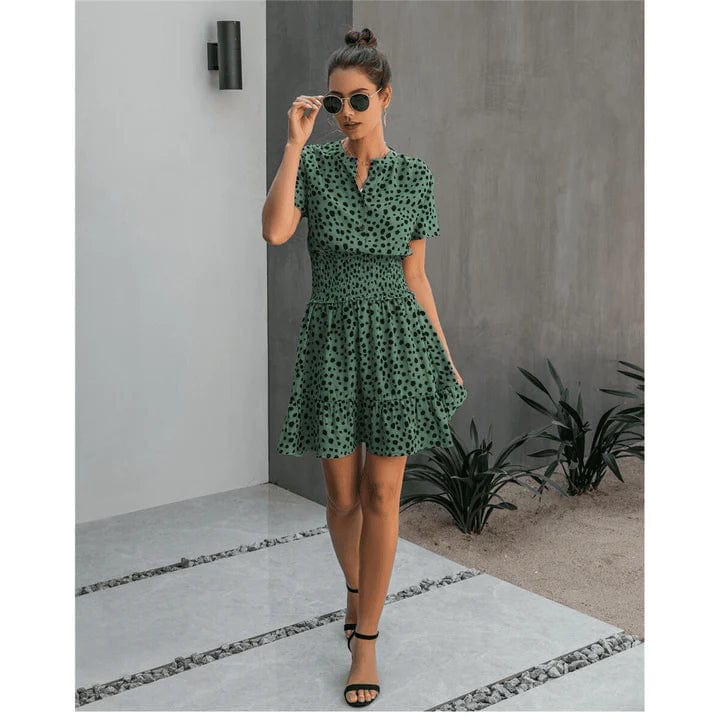 Women's Polka Dot Dress with Smocked Waist and Tiered Ruffle Hem - 2