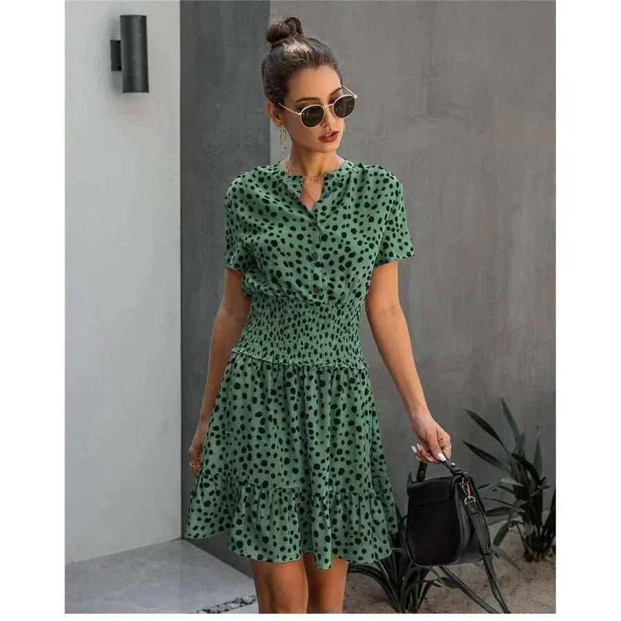 Women's Polka Dot Dress with Smocked Waist and Tiered Ruffle Hem - 3