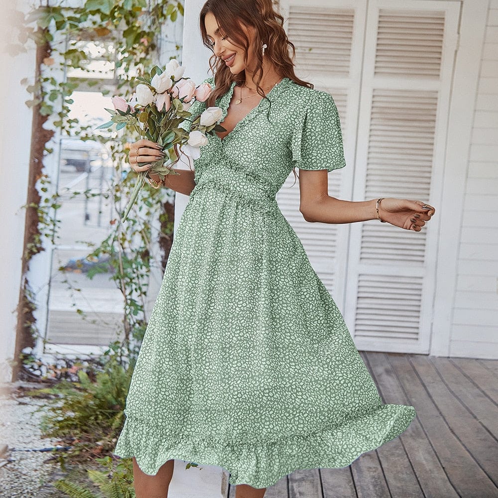 Women's Midi Dress with V-Neck and Short Sleeves - 2