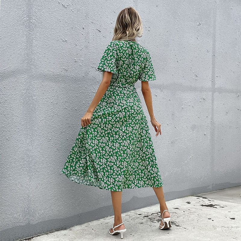 Women's Midi Dress with V-Neck and Puff Sleeves - 3