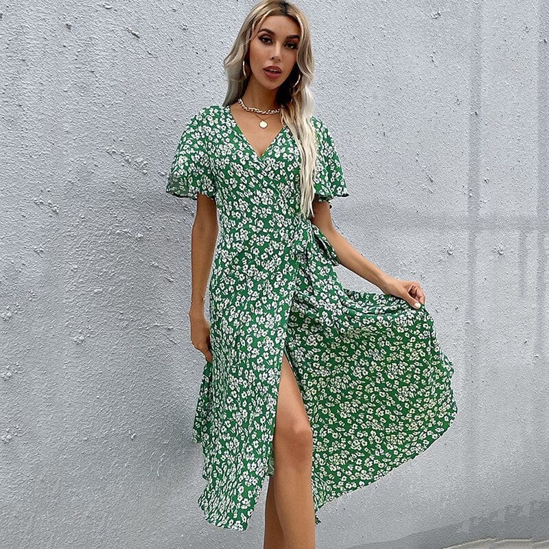 Women's Midi Dress with V-Neck and Puff Sleeves - 4