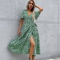 Women's Midi Dress with V-Neck and Puff Sleeves - 5