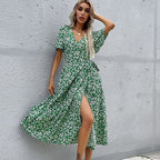 Women's Midi Dress with V-Neck and Puff Sleeves - 5