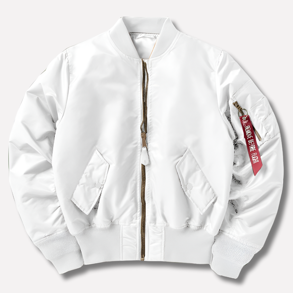 Unisex Bomber Jacket with Ribbed Trims and Zip Front - White
