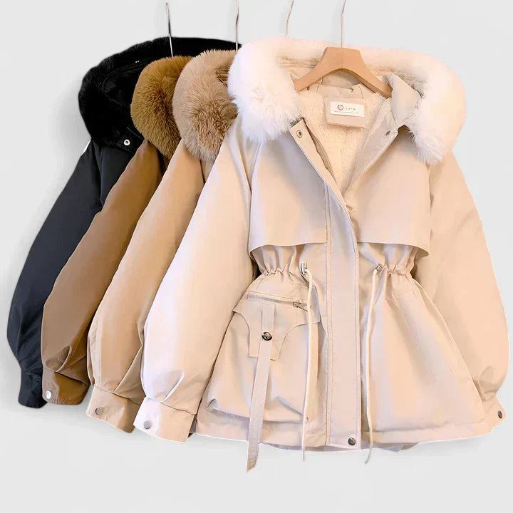 Women's Padded Jacket with Faux Fur Hood and Drawstring Waist - 5