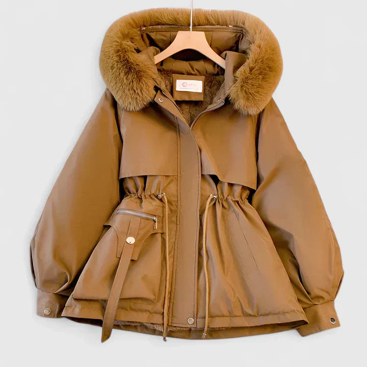 Women's Padded Jacket with Faux Fur Hood and Drawstring Waist - Brown