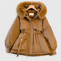 Women's Padded Jacket with Faux Fur Hood and Drawstring Waist - Brown