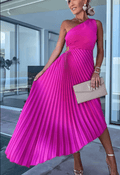 Women's One Shoulder Pleated Maxi Dress with Fitted Waist - Pink