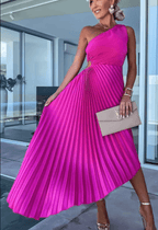 Women's One Shoulder Pleated Maxi Dress with Fitted Waist - Pink