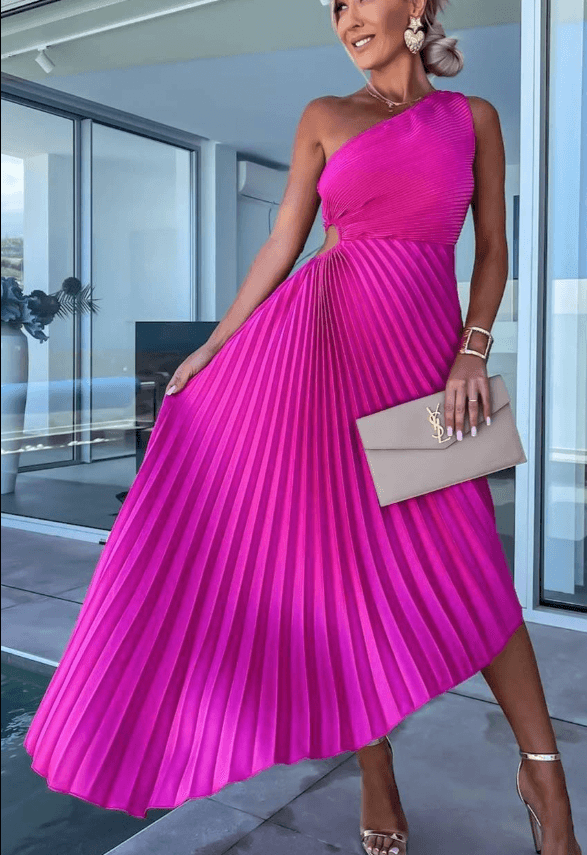 Women's One Shoulder Pleated Maxi Dress with Fitted Waist - Pink
