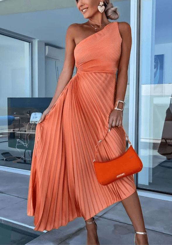 Women's One Shoulder Pleated Maxi Dress with Fitted Waist - Orange
