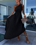 Women's One Shoulder Pleated Maxi Dress with Fitted Waist - Black