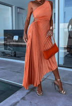 Women's One Shoulder Pleated Maxi Dress with Fitted Waist - 6