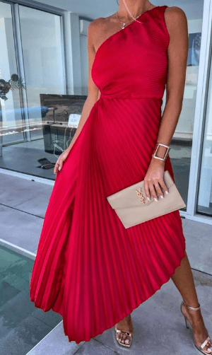 Women's One Shoulder Pleated Maxi Dress with Fitted Waist - Red