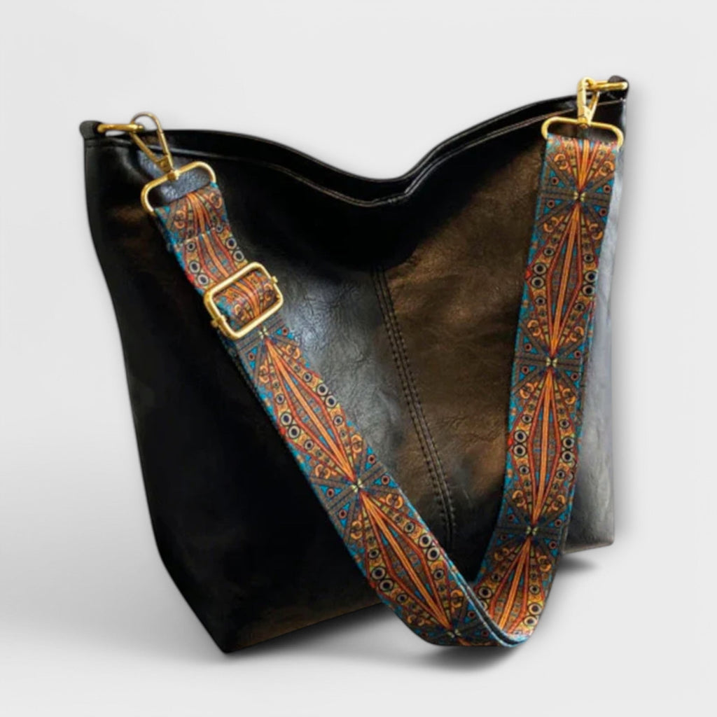 Women's Shoulder Bag with Patterned Strap - Black