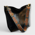 Women's Vintage Style Slouchy Shoulder Bag with Embroidered Strap - Black
