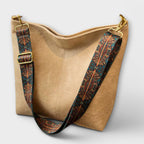 Women's Vintage Style Slouchy Shoulder Bag with Embroidered Strap - Beige