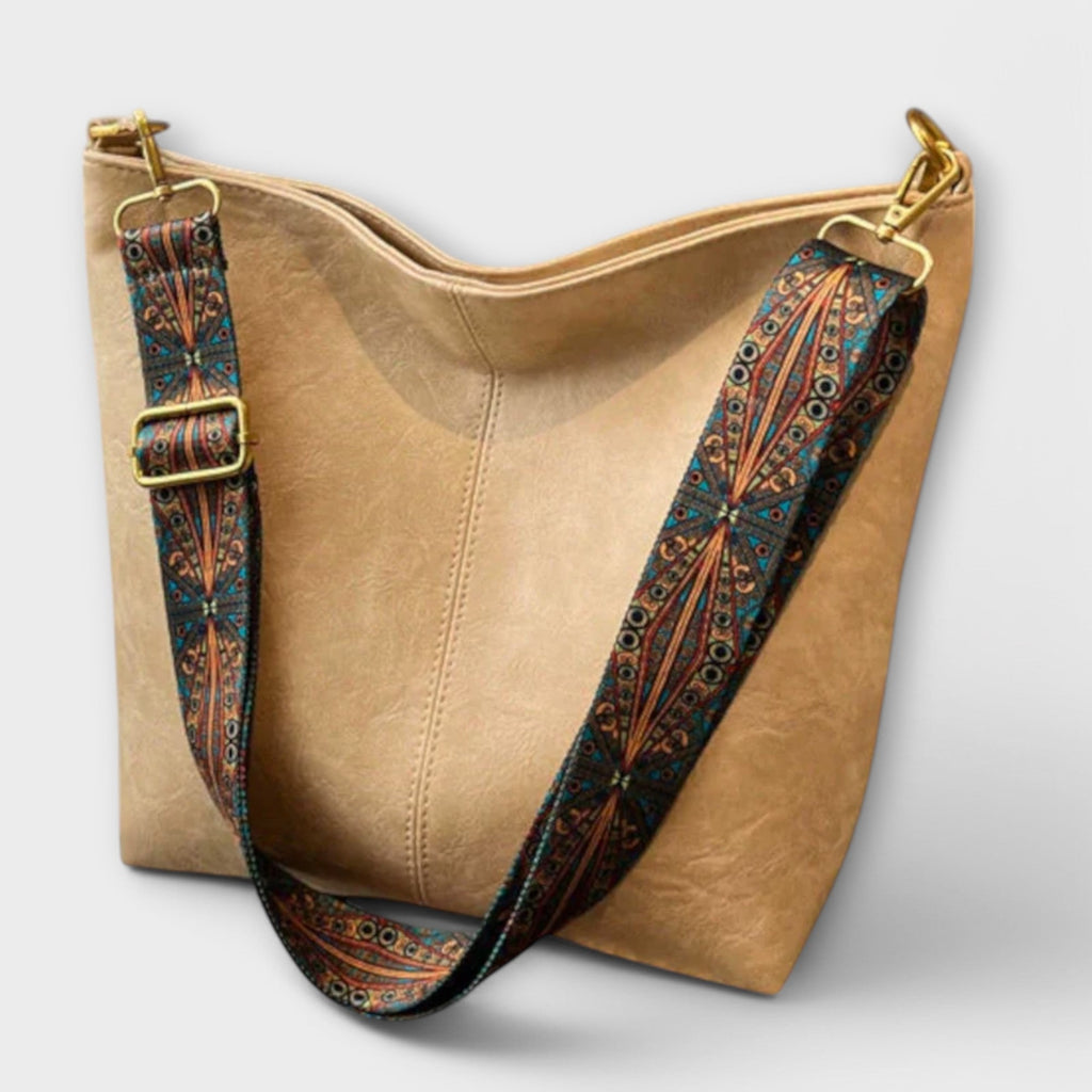 Women's Shoulder Bag with Patterned Strap - Beige