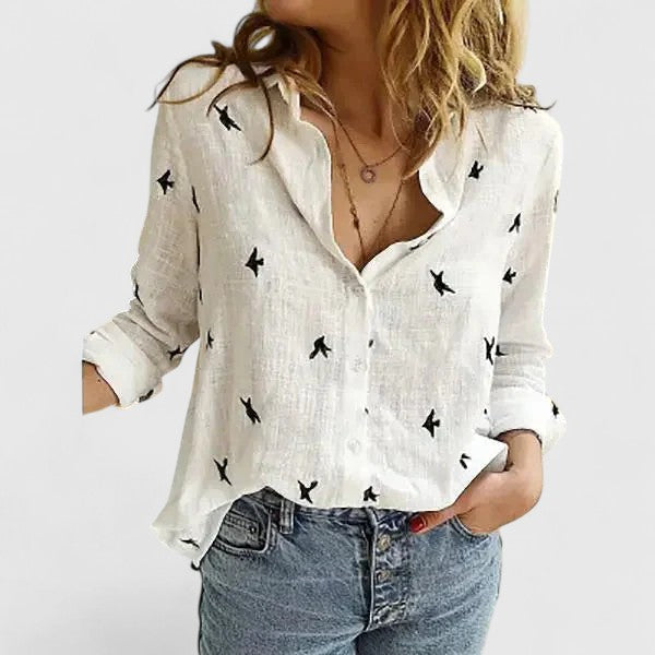 Women's Button-Down Shirt with Lapel Collar and Long Sleeves - White 2