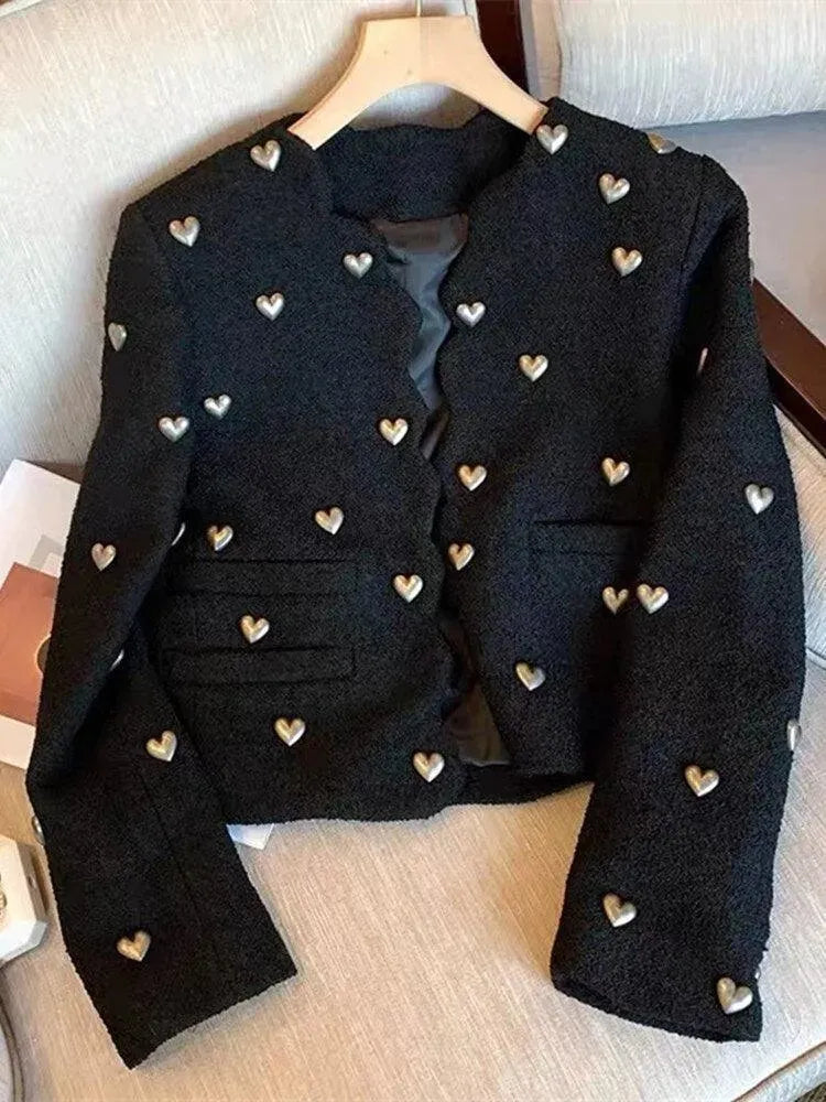 Women's Heart Embellishment Cropped Blazer Collared - 4