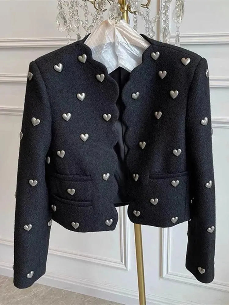 Women's Heart Embellishment Cropped Blazer Collared - Black