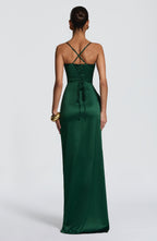 Women's Backless Maxi Dress with Ruched Bodice and Thigh Slit - 5