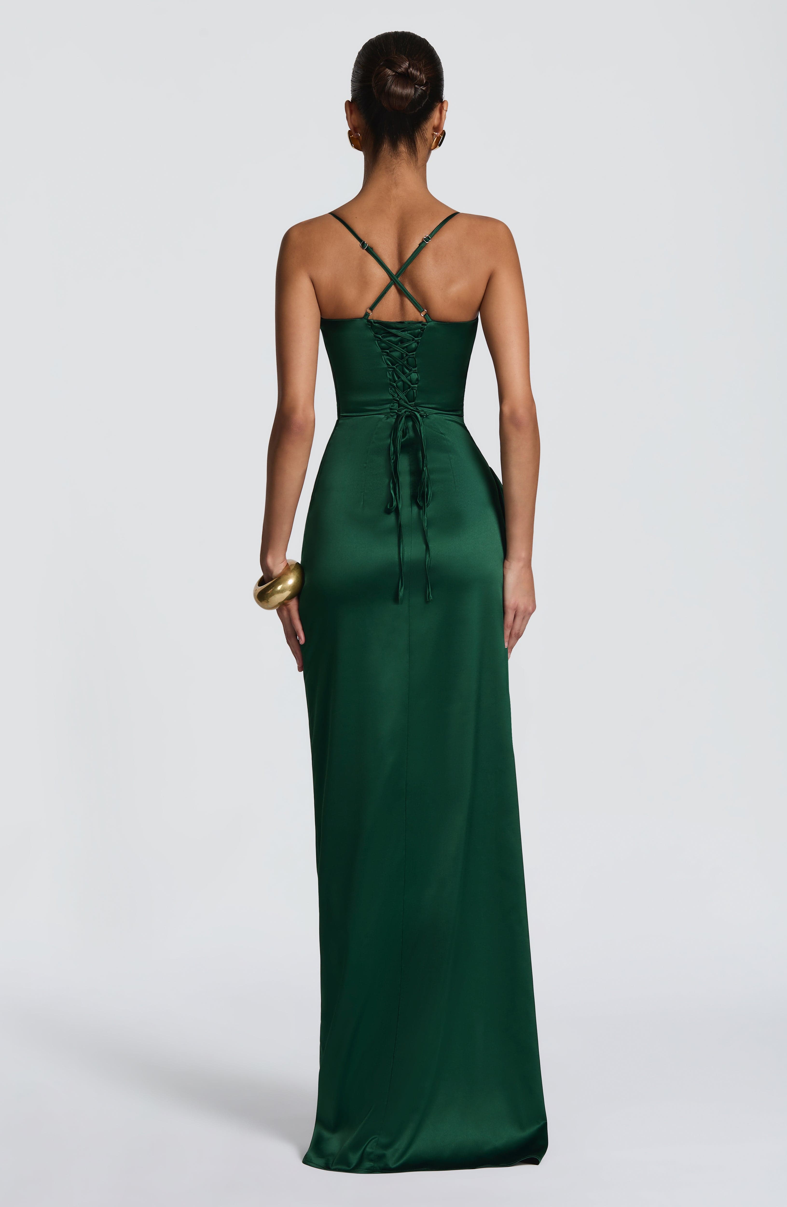 Women's Backless Maxi Dress with Ruched Bodice and Thigh Slit - 5