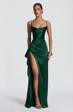 Women's Backless Maxi Dress with Ruched Bodice and Thigh Slit - 2