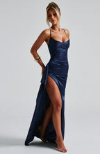 Women's Backless Maxi Dress with Cowl Neck and High Slit - 4