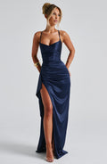 Women's Backless Maxi Dress with Cowl Neck and High Slit - 2