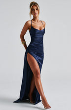 Women's Backless Maxi Dress with Cowl Neck and High Slit - 8