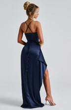 Women's Backless Maxi Dress with Cowl Neck and High Slit - 3